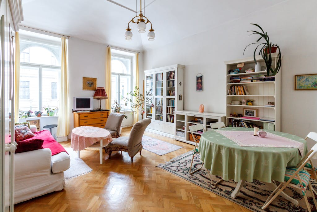 Bright and airy living room with classic vintage decor, perfect for Google Meet or Zoom backgrounds.