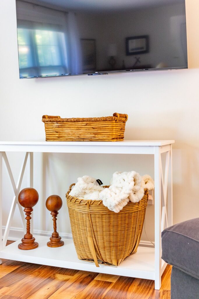 Farmhouse TV Stand in the small living room.